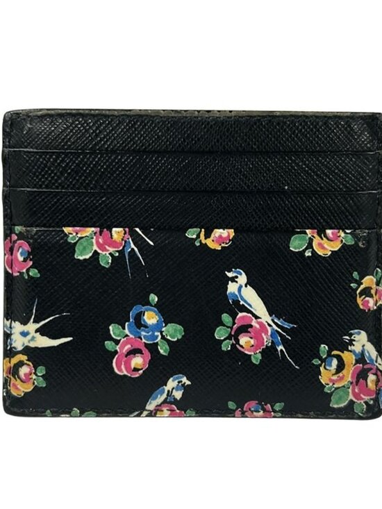 Prada Card Case Black Blue Multi Floral Pattern Leather - Picture 2 of 5